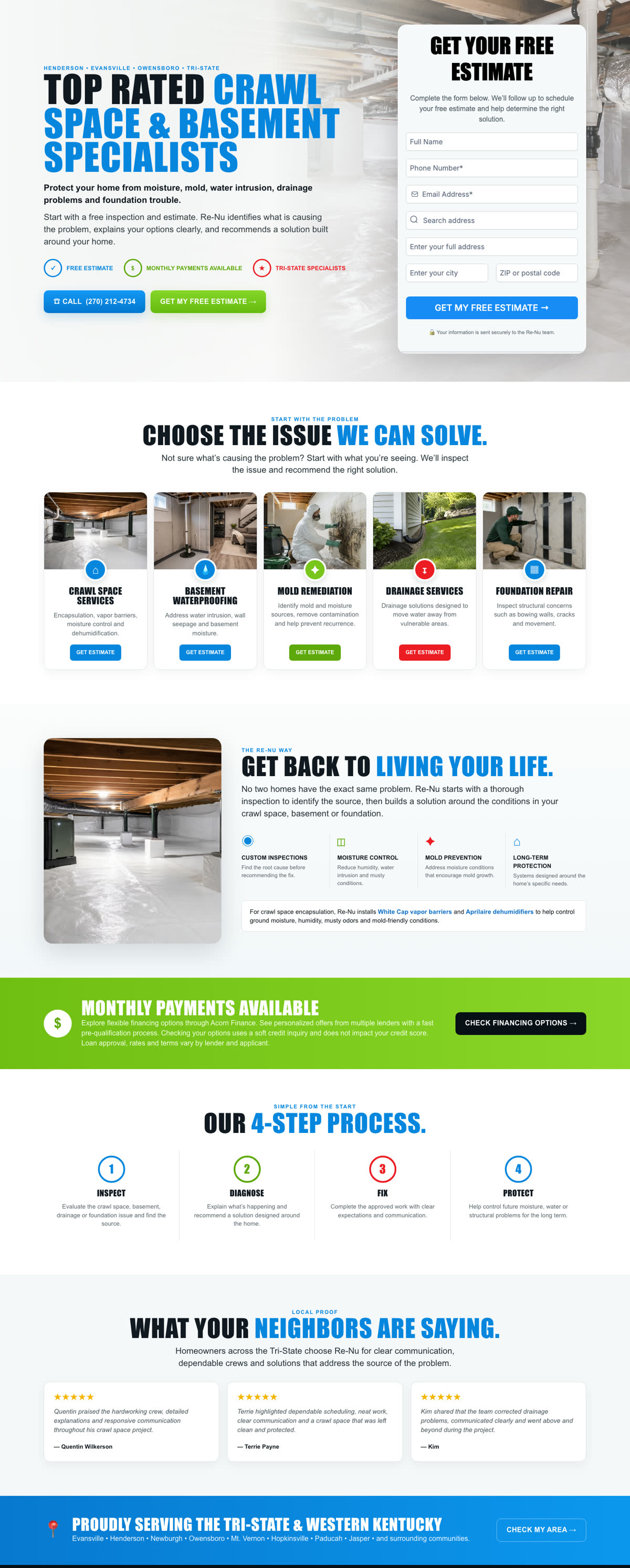 Landing page — offer, service grid, financing, process, reviews